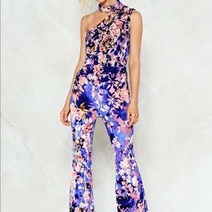 Nasty Gal NWT Velvet Floral One-Shoulder Jumpsuit